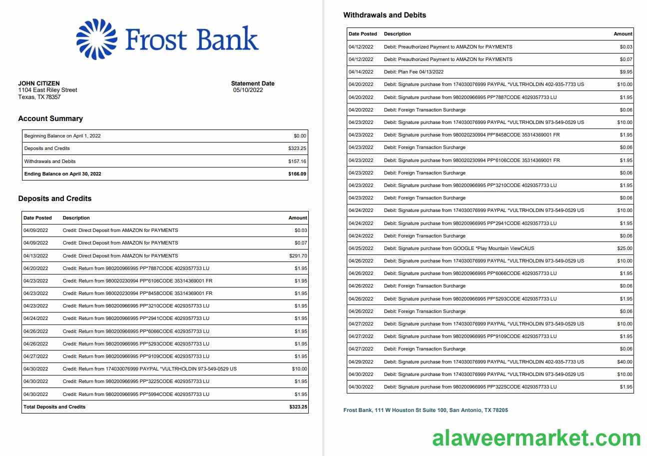 USA Frost bank statement, 2 pages